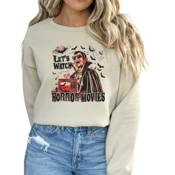 Let's Watch Horror Movies and Chill Halloween Sweatshirt, Comfortable Halloween Pullover Sweather, Long Sleeve Crewneck Sweater for Spooky Season, Unisex Sizing, Machine Washable, Nostalgic Fall Aesthetic Sweatshirt
