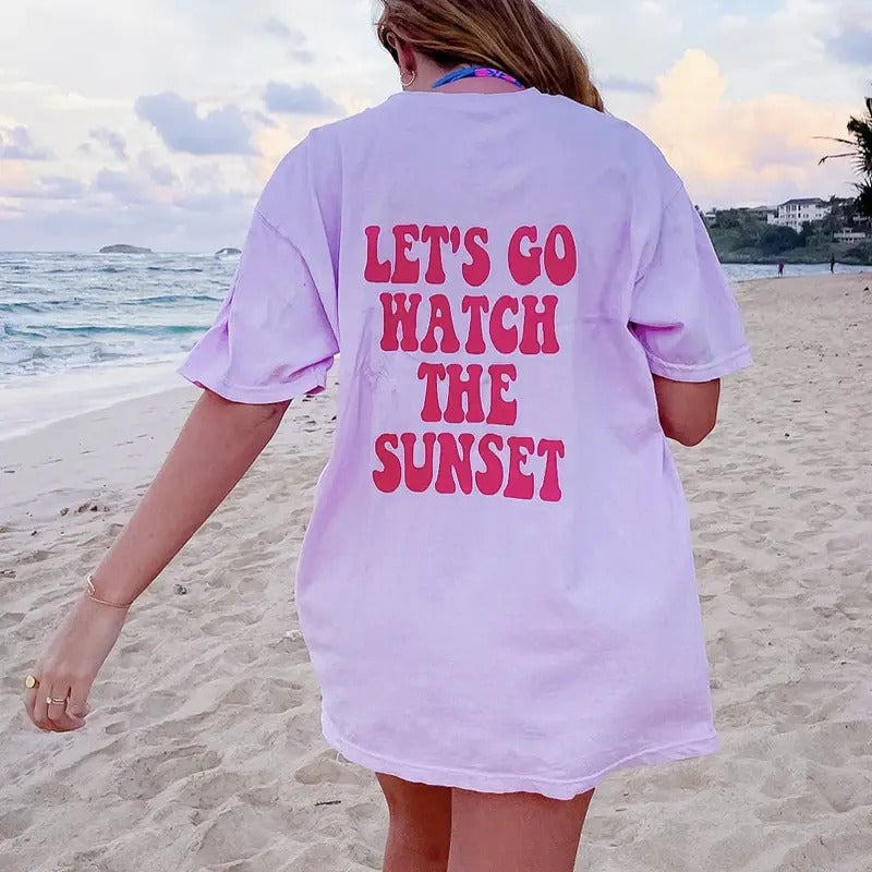 Let's go watch the Sunset Shirt, Summer Vacation Shirt, Beachy Tshirt, Trendy Shirt, Preppy Clothes, Oversized Tee, Indie Retro, Beach Aesthetic Shirt Casual Oversized Cotton Shirt for the Beach Comfort Fabric