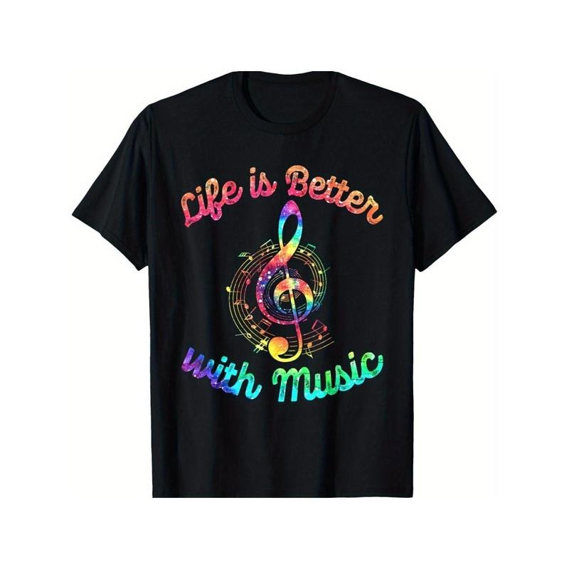 Life Is Better With Music Notes Symbol Tie Dye Musician T-Shirt for Men Women, Christmas Halloween Thanksgiving day New Year Gift for Men Women Dad Mom Friends, Unisex Black Soft Fabric Tee, 100% cotton Made in USA