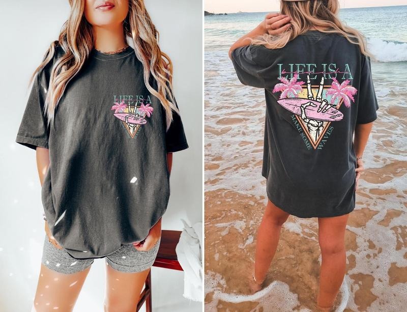 Life is a Beach Make Some Waves TShirt, Surfing Skeleton Shirt, Graphic Tees For Women, Boho Tee