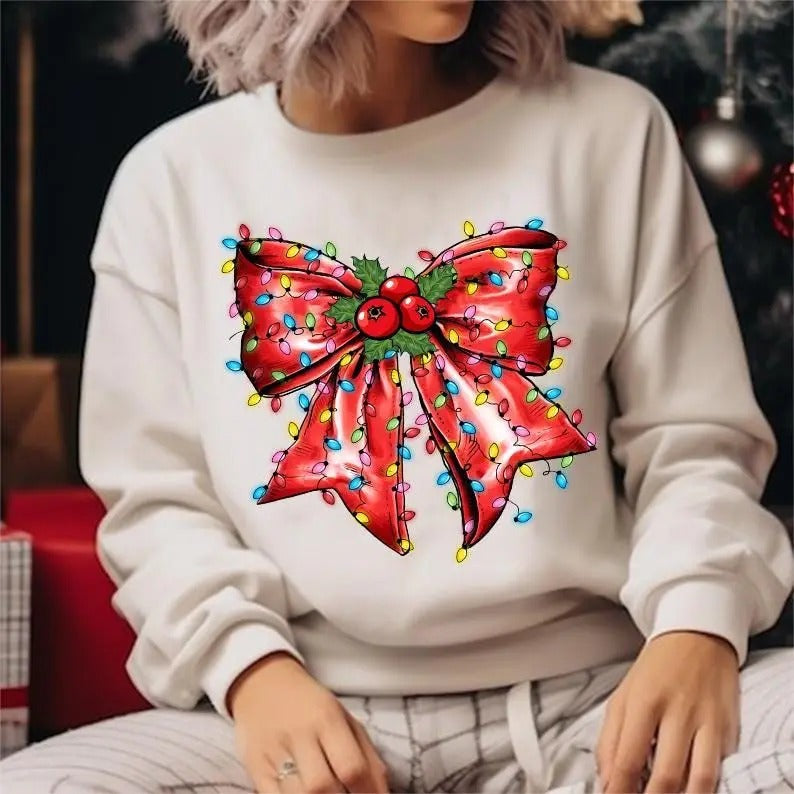 Light Red Bow Christmas Sweatshirt, Coquette Sweatshirt, Cute Bow Shirt for Women, Women Gift for Christmas, Xmas Vibes,...