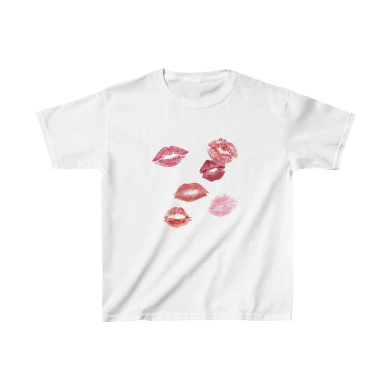 Lipstick Kisses Baby Tee Y2K Graphic Baby Tee, 90s Baby Tee, Graphic Shirt Crop, Coquette, Vintage Design - graphic baby tee - Womenswear