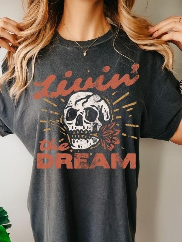 Livin the Dream Tee, Dreamer TShirt, Cute Skeleton T Shirt, Boho Western Shirt