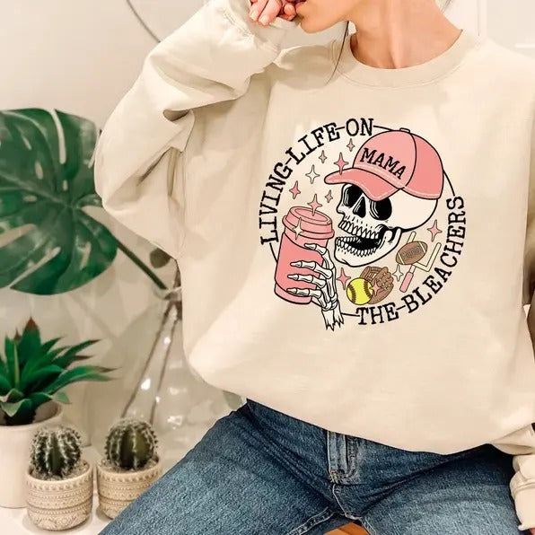Living Life on the Bleachers Mama Skull Crewneck Sweatshirt T-Shirts, Hoodie | WearSparks.com