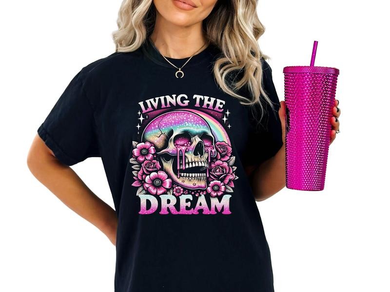 Living The Dream Women's Top, Unisex Skeleton T-Shirt, Comfortable Women's Graphic Shirt, Goth Inspired Shirts for Women