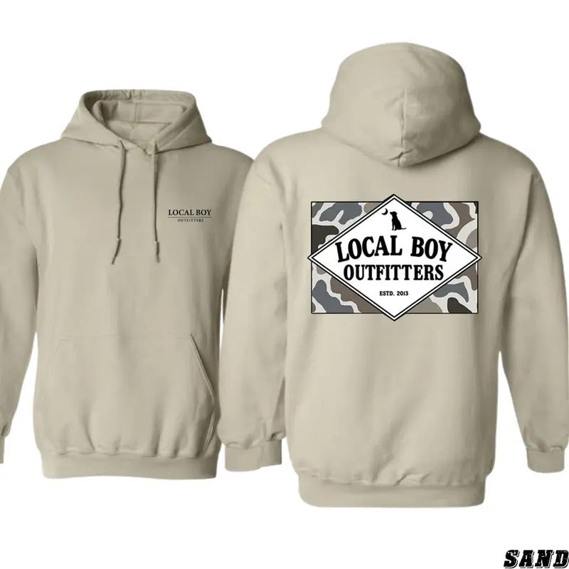 Local Boy Outfitters Camo Hoodie - Classic Outdoor Design for Adventure Enthusiasts, Unisex Hoodie with Logo Graphic, Perfect for Casual Wear