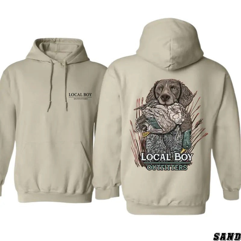 Local Boy Outfitters Hoodie - Bold Hunting Dog with Duck Design, Ideal for Waterfowl Hunters and Outdoor Enthusiasts, Unisex Hoodie Offering Comfort and Style for Everyday Wear, Celebrating Southern Hunting Traditions Menswear Sweaters