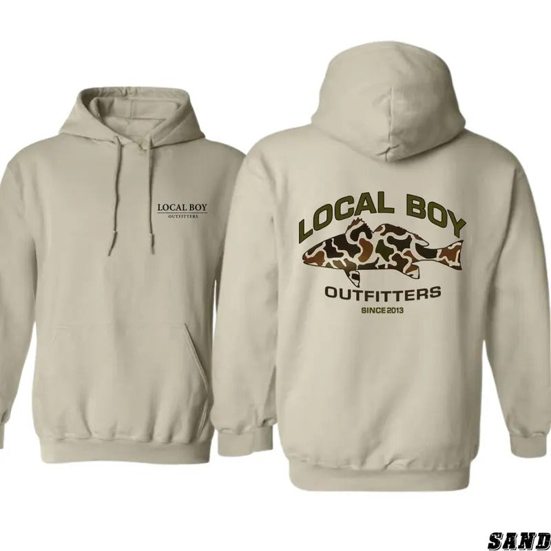 Local Boy Outfitters Hoodie - Camo Fish Graphic for Outdoor and Fishing Enthusiasts, Unisex Hoodie for Comfort and Style During Outdoor Adventures Menswear Sweaters