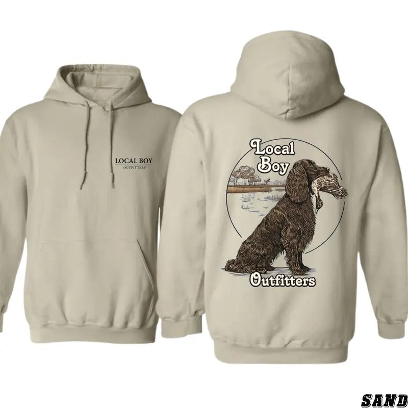 Local Boy Outfitters Hoodie - Detailed Hunting Dog and Duck Graphic for Outdoor Enthusiasts, Unisex Hoodie Offering Comfort and Style, Perfect for Hunting Adventures, and Casual Wear, Ideal for Duck Hunters and Dog Lovers Who Enjoy the Outdoors
