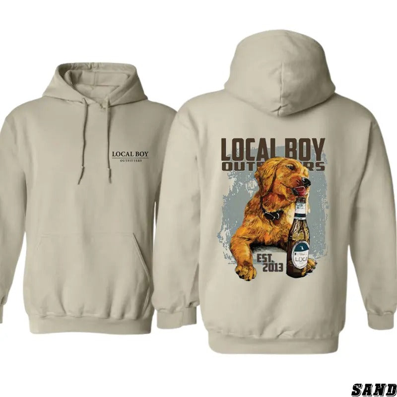 Local Boy Outfitters Hoodie - Fun Dog and Bottle Graphic for Outdoor and Adventure Enthusiasts, Unisex Hoodie for Maximum Comfort and Unique Style, Ideal for Casual Outings, Nature Walks, and Weekend Adventures, Perfect for Dog Lovers and Outdoor Fans