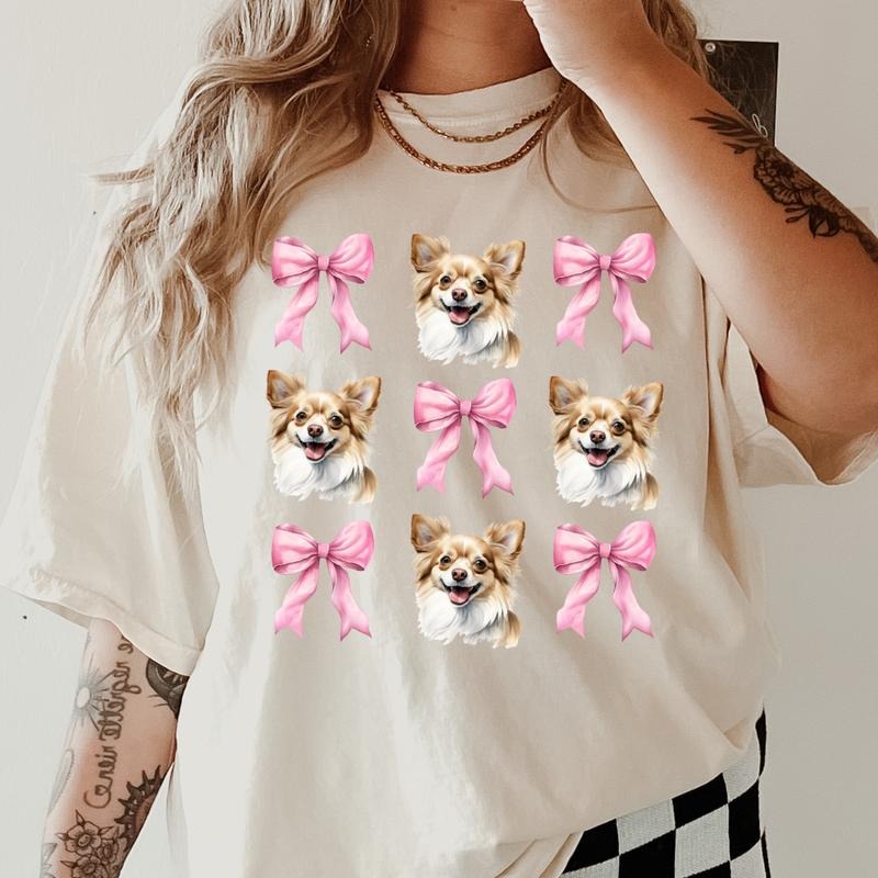 Long Haired Chihuahua with bows Shirt ~ Unisex Apparel Relaxed Fit Printed In The USA Clothing Womenswear Casual Comfort Cotton Top Athletic Boho Chic