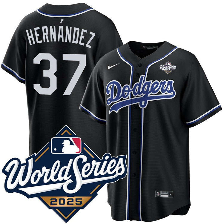 Los Angeles Dodgers #37 Teoscar Hernandez Black Lights Out 2025 World Series Jersey