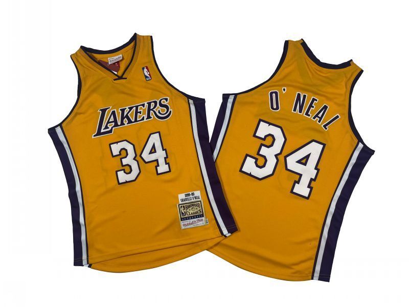 Los Angeles Lakers #34 Shaquille ONeal Lakers 34 # Yellow 99-00 Season Mitchell Retro Jersey -- Shaquille · O'Neal Style 1