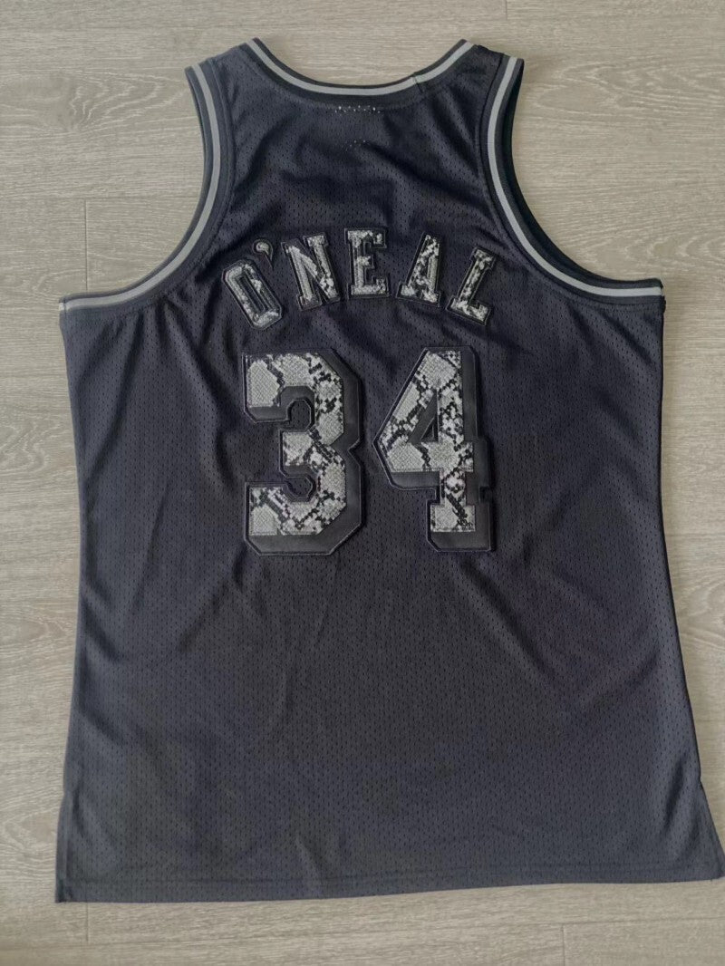 Los Angeles Lakers #34 Shaquille O'Neal 1996-97 Leather Snakeskin Lakers 34 # O'Neal Black Embroidered Style 2