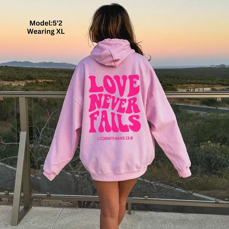 Love Never Fails Hoodie Bible Verse Christian Hoodie Preppy Christian Sweatshirt Cotton Womenswear