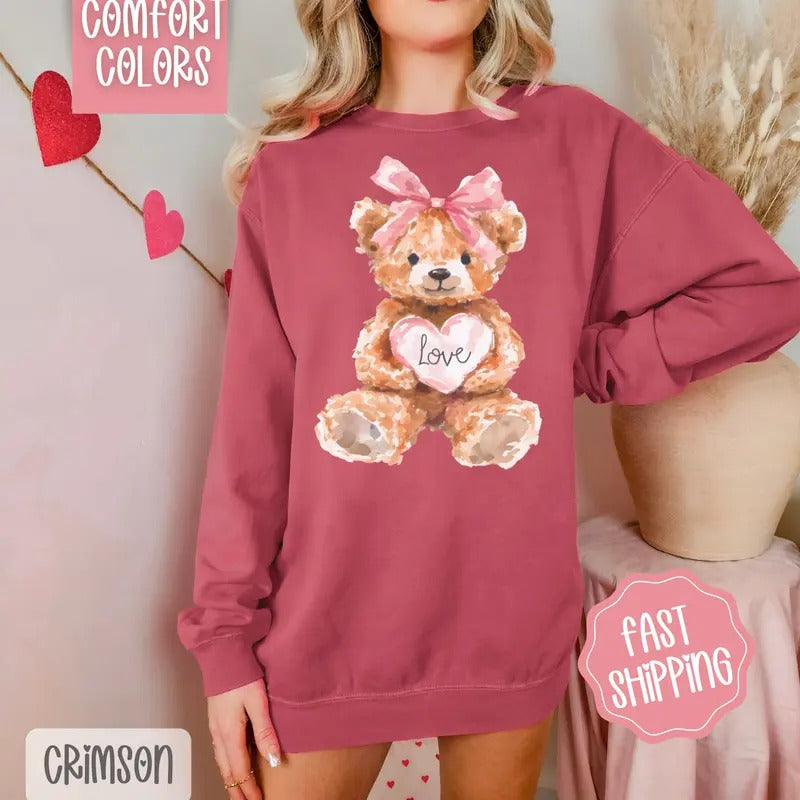 Love Teddy Bear Comfort Colors Sweatshirt, Valentine's Day Women's Crewneck, Holiday Women's Sweater