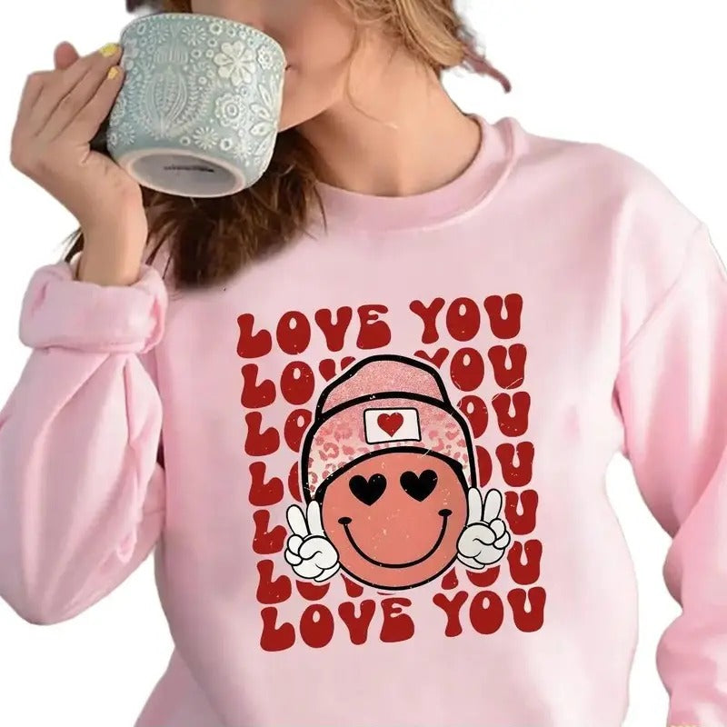 Love You Smiley Valentines Day Crewneck Sweatshirt, Hoodie, T-shirt