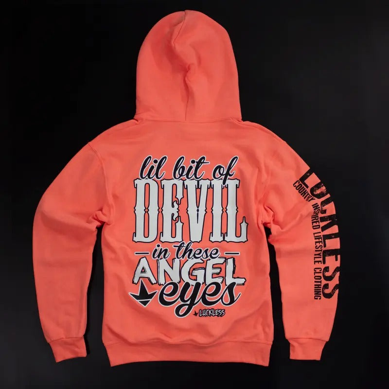 Luckless Outfitters - Lil Bit of Devil Hoodie - Coral Cotton Fabric