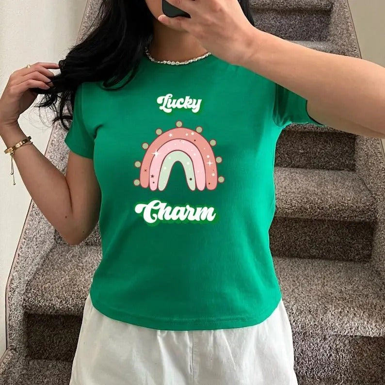 Lucky Charm St Patrick's Day Baby Tee, St Pattys Day Baby Tee, Lucky Baby Tee, Preppy , Y2K 2000's Style, Streetwear Style