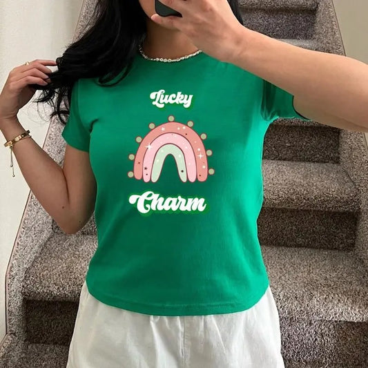 Lucky Charm St Patrick's Day Baby Tee, St Pattys Day Baby Tee, Lucky Baby Tee, Preppy , Y2K 2000's Style, Streetwear Style