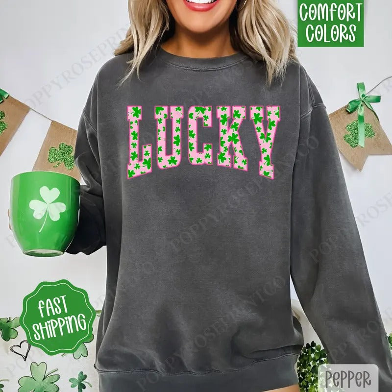 Lucky St Patrick Comfort Colors Sweatshirt, St Patrick's Day Women's Crewneck, Cute Women's Sweater