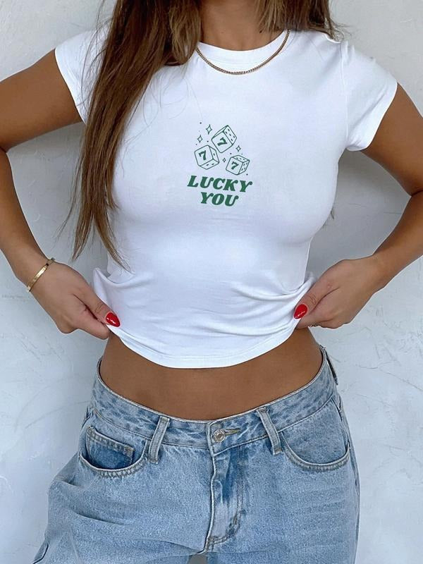Lucky You Dice Baby Tee, St. Patrick's Day Trendy Baby Tee, Trendy 90's Baby Tee, Y2K Style Top, Lucky You Crop Top, 2000s Green Trendy Baby Tee