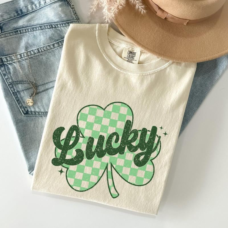 Lucky, Shamrock, Checker Print, St Patrick's Day Comfort Colors Tshirt, Women's Crew Neck, Crewneck Hoodie, Sweatshirt