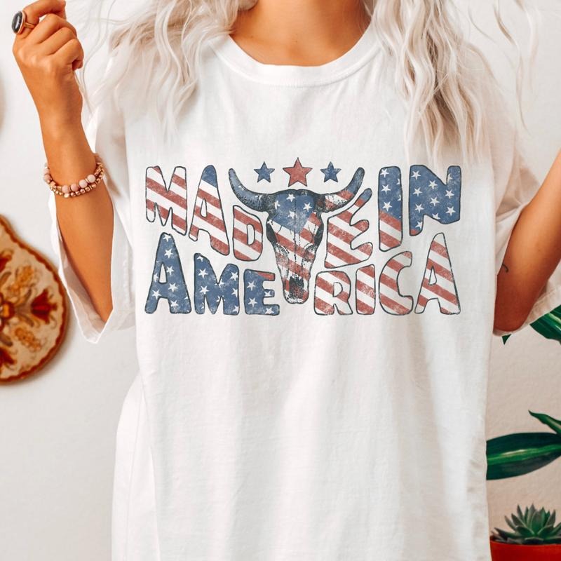 MADE IN AMERICA BULL SHIRT, 4TH OF JULY PARTY SHIRT, DRINKING 4TH OF JULY, UNISEX COTTON CASUAL SHIRT Comfort Fabric Top Womenswear Oversized Underwear