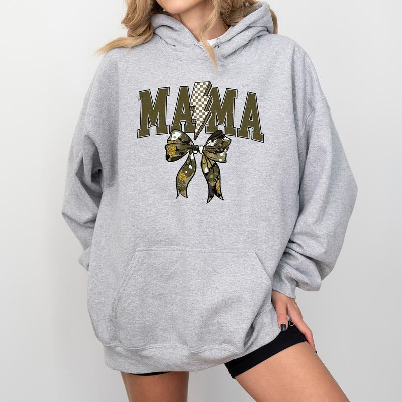 MAMA Camo Coquette Bow Hoodie, Camouflage Sweater for Hunter's Wife, Funny Hunting Tops for Women, Old School Camo Bow Hoodies for Mom, Soft Long Sleeve Pullover, Casual Womenswear