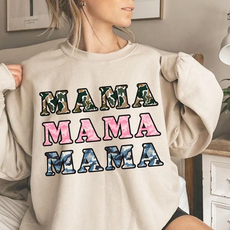 MAMA Camo Pattern Pink Blue Camo Bottomland Crewneck Sweatshirt, Camo Mama Shirt Full Sizes, Full Colors