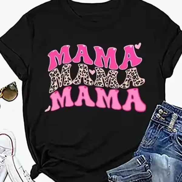 MAMA Pink Letter Leopard Print Vintage Graphic T-shirt Fun Cute Love Mom Retro Women's T-shirt Fashion Casual Summer Top Harajuku 2024 New Streetwear