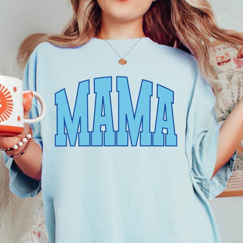 MAMA VARSITY FONT SHIRT, COMFORT COLORS CASUAL COTTON T-SHIRT FOR MOMS Fabric Top Womenswear Garment