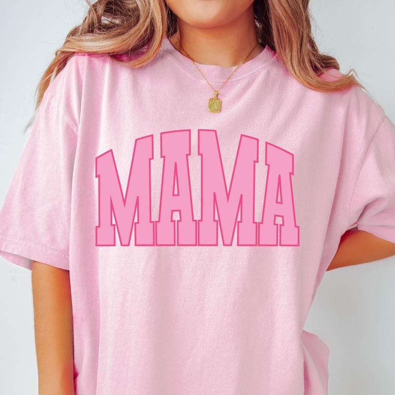 MAMA VARSITY FONT SHIRT, COMFORT COLORS CASUAL COTTON T-SHIRT FOR MOMS Fabric Top