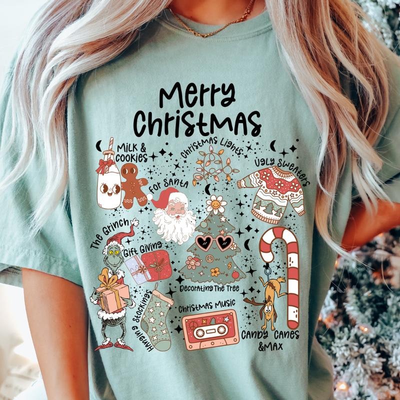 MERRY CHRISTMAS DOODLES T-SHIRT (COMFORT COLORS T-SHIRT, CASUAL SHIRT UNISEX, CHRISTMAS CLOTHING, GRAPHIC APPAREL, HOLIDAY SHIRT) Cotton Fabric Womenswear Top Printed Oversized Women