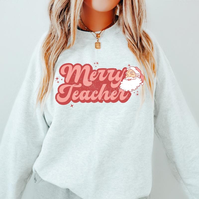 MERRY TEACHER CREWNECK (Crewneck Sweatshirt, Unisex Fit, Causal Sweatshirt for Christmas, Christmas Holiday Sweatshirt) Womenswear Hoodie Oversized Cotton