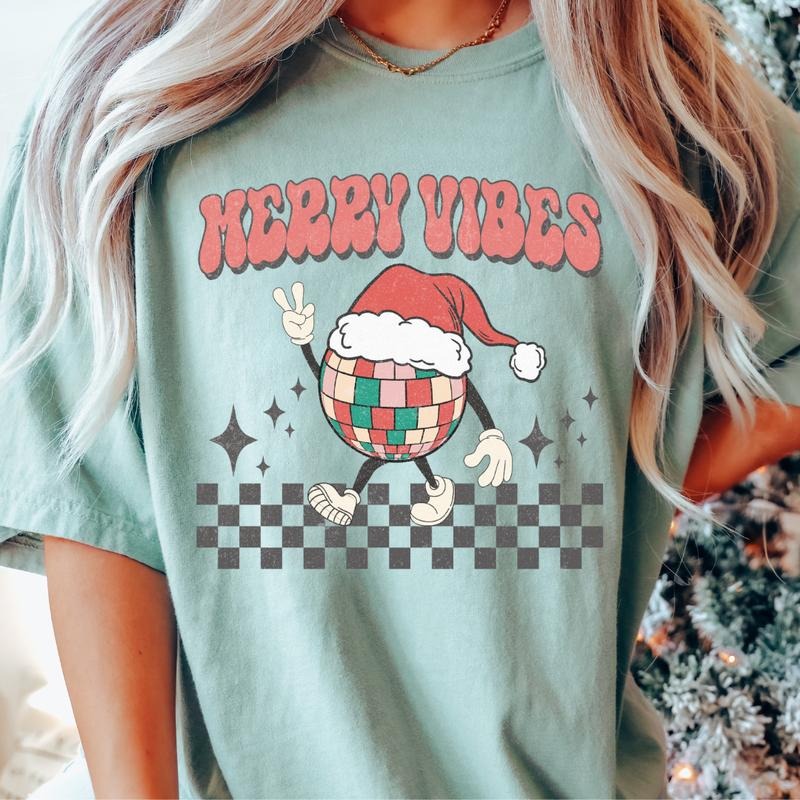 MERRY VIBES DISCO T-SHIRT (COMFORT COLORS T-SHIRT, CASUAL SHIRT UNISEX, CHRISTMAS CLOTHING, GRAPHIC APPAREL, HOLIDAY SHIRT) Cotton Fabric