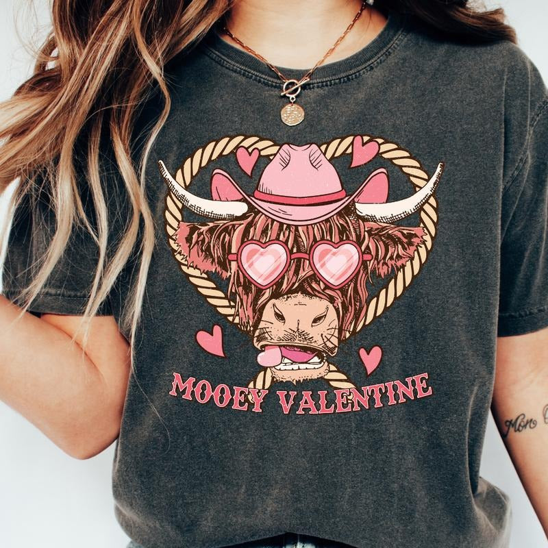 MOOEY VALENTINE COW RETRO T-SHIRT (COMFORT COLORS T-SHIRT, CASUAL SHIRT UNISEX, VALENTINE CLOTHING, GRAPHIC APPAREL, HOLIDAY SHIRT) Fabric Top