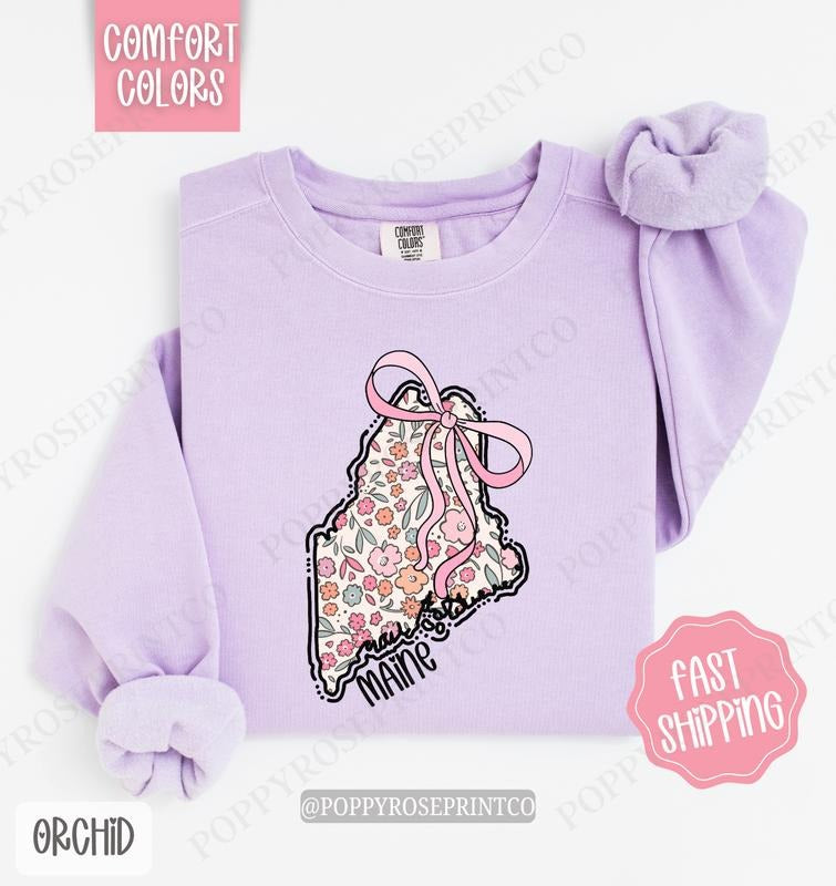 Maine Floral Comfort Colors Sweatshirt, Maine Sweatshirt, Cute Bow Maine Sweatshirt