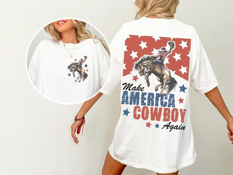 Make America Cowboy Again Shirt - Bucking Bronco, Summer Casual Crewneck Tee for Women