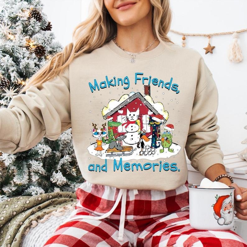 Making Friends And Memories Sweatshirt, Pete The Cat Christmas T-shirt, Groovy Cat Xmas Tee, Cat Lover Gifts, Children's Book Christmas Tee