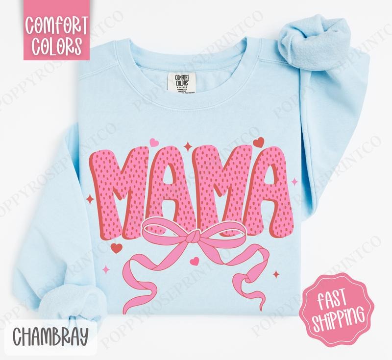 Mama Bow Comfort Colors Sweatshirt, Valentine's Day Women's Crewneck, Valentine Women's Sweater