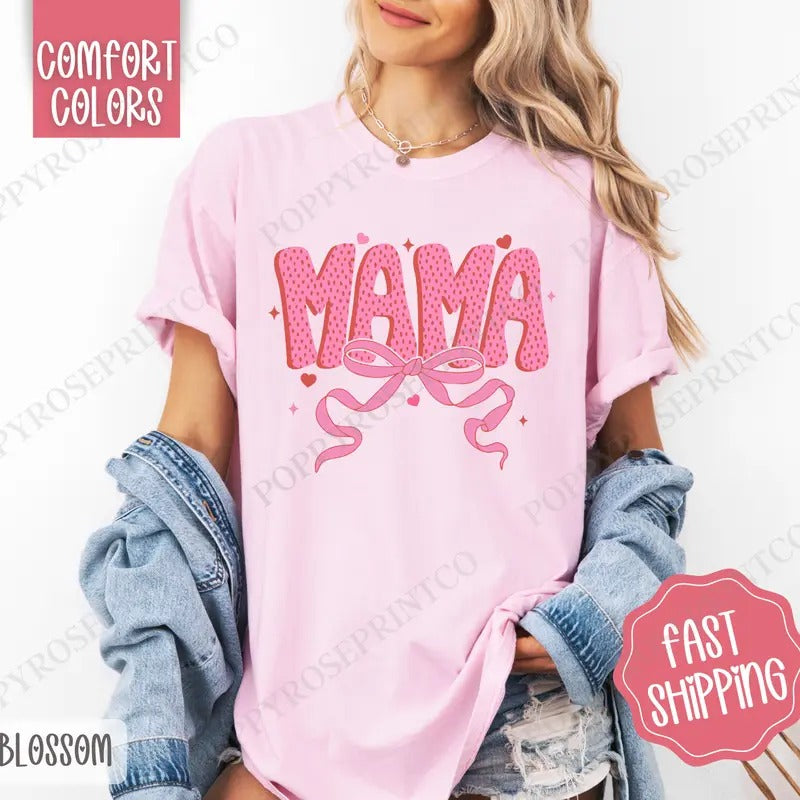 Mama Bow Shirt Comfort Colors, Valentine's Day Women's Tee, Cute Women's Tshirt