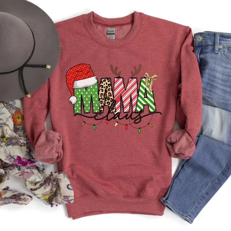 Mama Claus, Santa, Plaid, Leopard Print, Christmas Sweatshirt Classic Graphic Casual