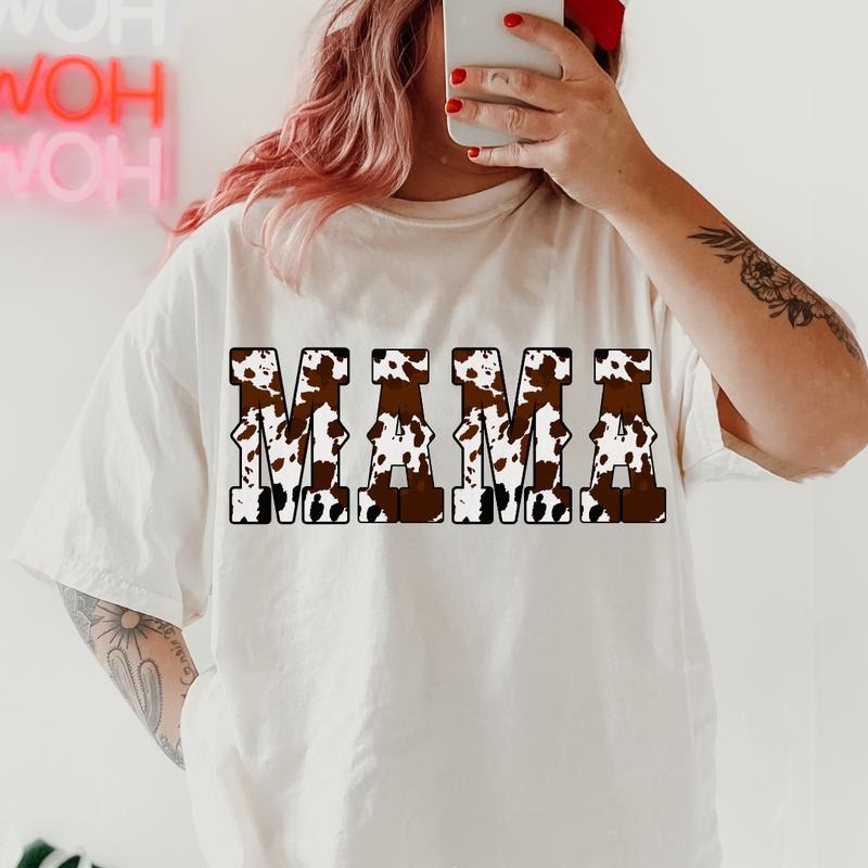 Mama Cow Print Shirt Shirt~ Unisex Apparel Relaxed Fit Printed In The USA Clothing Womenswear Casual Comfort Cotton Top Athletic Boho Chic
