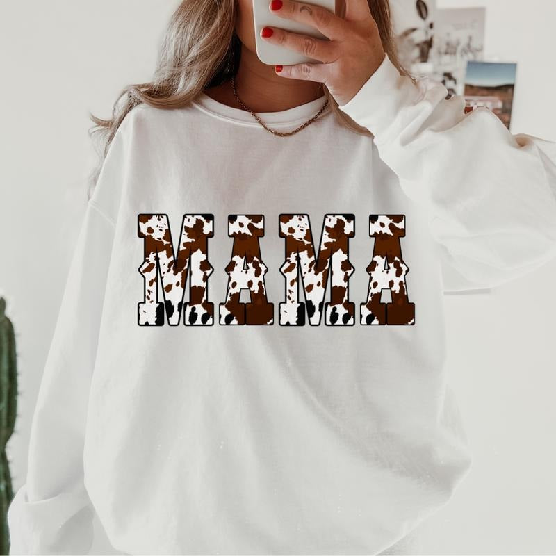 Mama Cow print Crewneck ~ Sweatshirt Unisex Apparel Relaxed Fit Printed in the USA Clothing Womenswear Casual and Comfortable