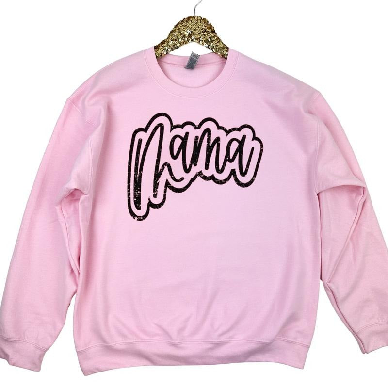 Mama Cursive Distressed Gildan Sweatshirt -- Light Pink