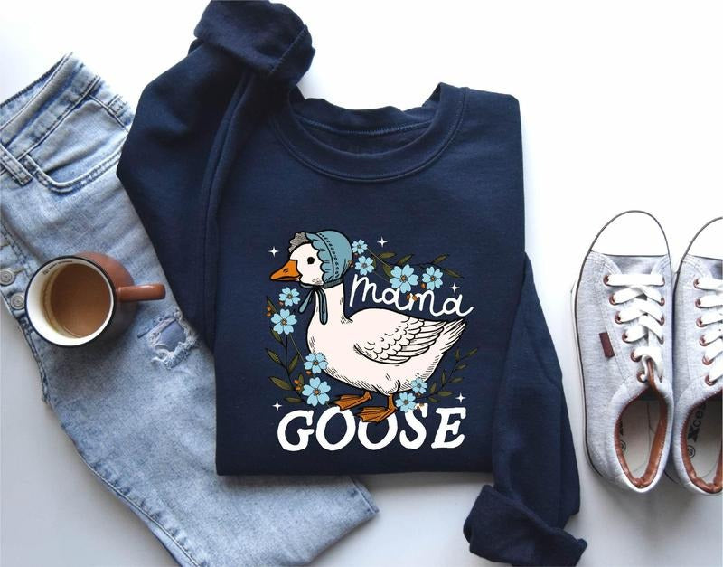 Mama Goose Sweatshirt, Coquette Mama Crewneck, Girly, Silly Goose Shirt, Floral Goose Mama Graphic Tee, Duck, Goose Lover Shirt, Mother's day, Vintage Mama Goose Shirt