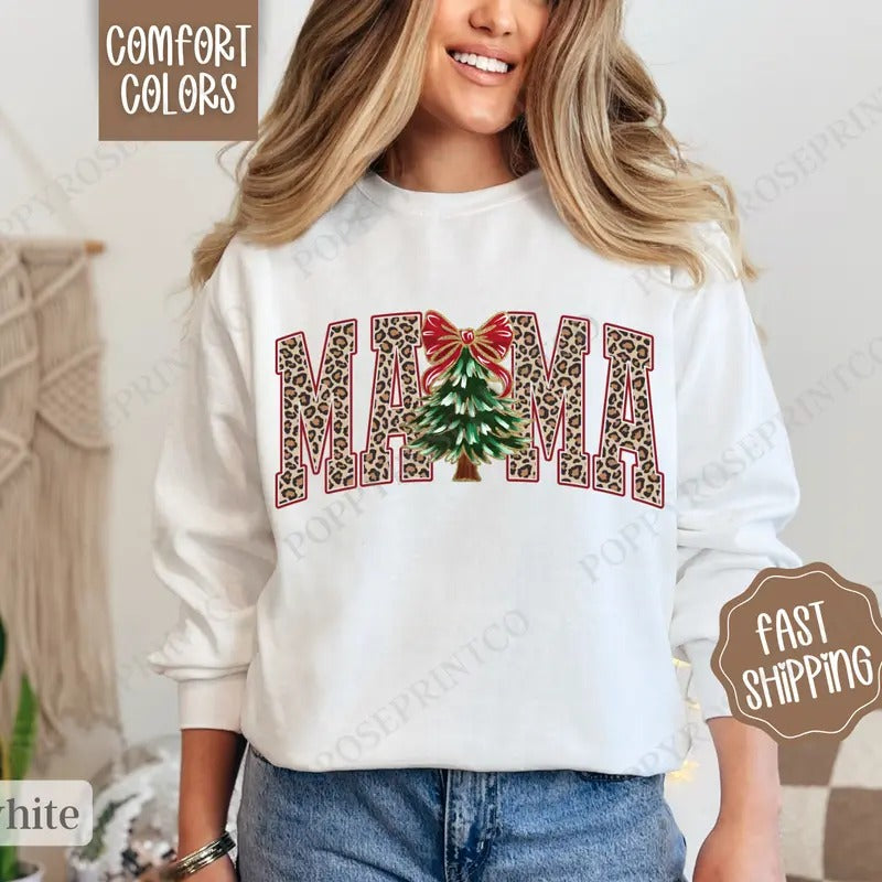 Mama Leopard Christmas Sweatshirt Comfort Colors, Mom Christmas Crewneck, Womens Holiday Sweater