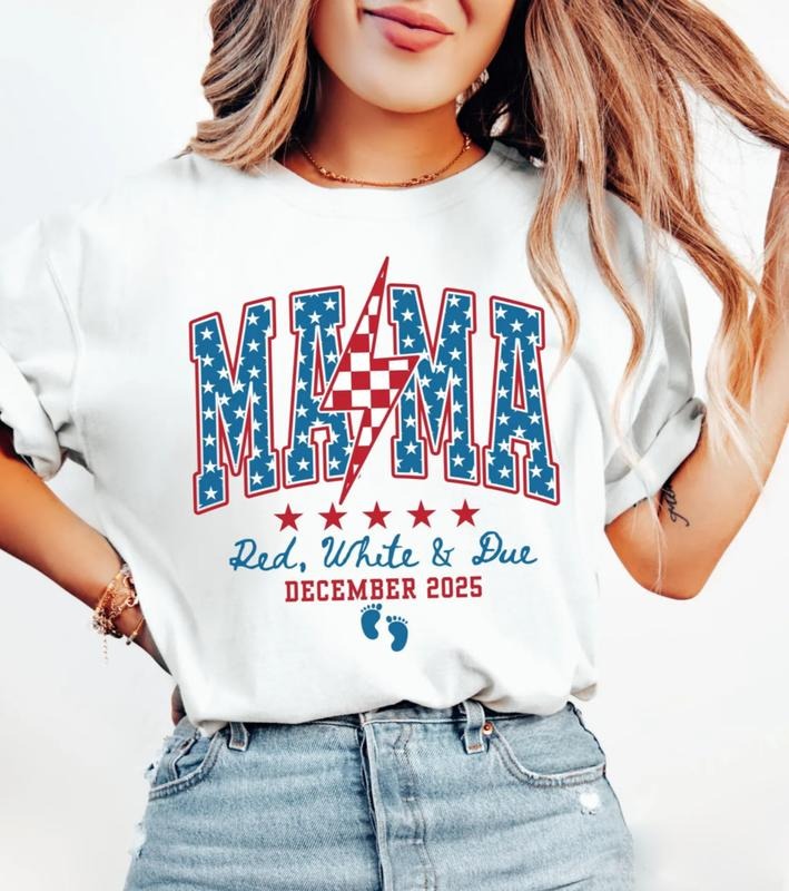 Mama Red White And Due T-Shirt, 4th Of July Pregnancy Announcement Shirt, Pregnancy Reveal Shirt, Patriotic Mom Tee, Summer Pregnancy Shirt
