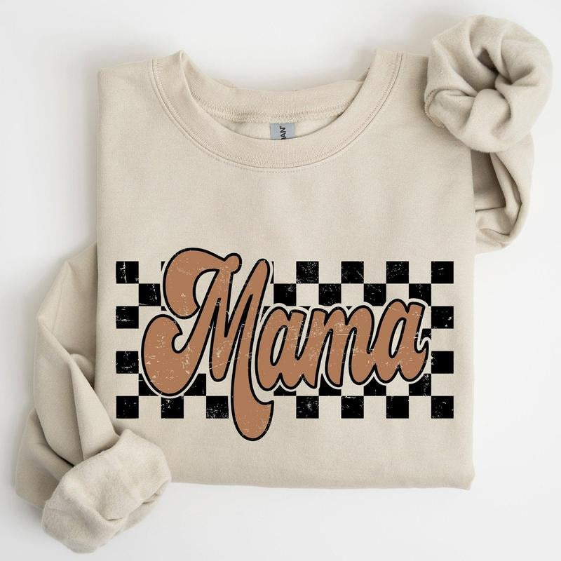 Mama Retro Checkered, Aesthetic, Vintage Sweatshirt, Women's Crew Neck, Crewneck T-Shirts, Hoodie | WearSparks.com